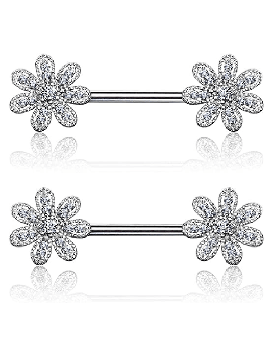 Surgical Steel CZ Gem Paved Flower Nipple Barbell Rings Nipple Ring Impulse Piercings Clear