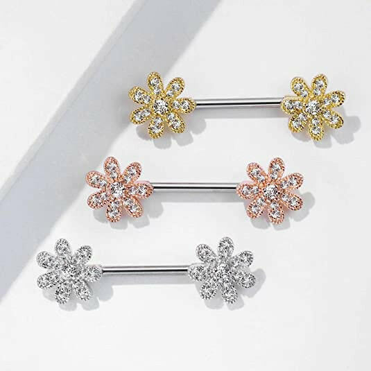 Surgical Steel CZ Gem Paved Flower Nipple Barbell Rings Nipple Ring Impulse Piercings