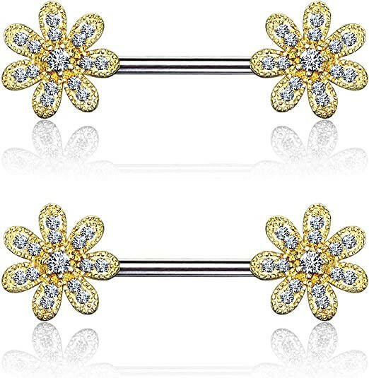 Surgical Steel CZ Gem Paved Flower Nipple Barbell Rings Nipple Ring Impulse Piercings Gold