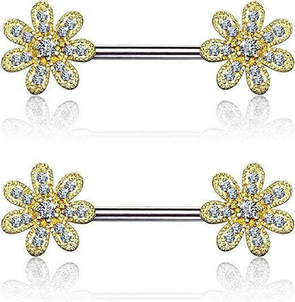 Surgical Steel CZ Gem Paved Flower Nipple Barbell Rings Nipple Ring Impulse Piercings Gold