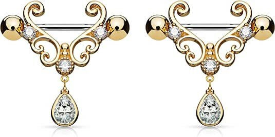 Surgical Steel CZ Heart Filigree with Tear Drop CZ Dangle Nipple Barbell Rings Nipple Ring Impulse Piercings Gold