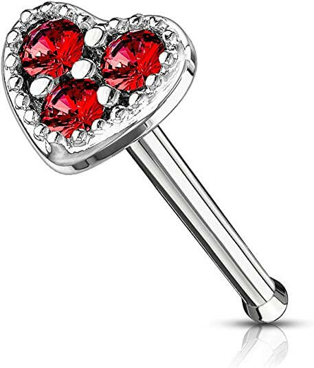 Surgical Steel CZ Heart Top Nose Bone Stud Rings Nose Ring Impulse Piercings Red