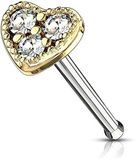 Surgical Steel CZ Heart Top Nose Bone Stud Rings Nose Ring Impulse Piercings Gold