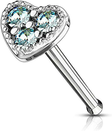 Surgical Steel CZ Heart Top Nose Bone Stud Rings Nose Ring Impulse Piercings Aqua