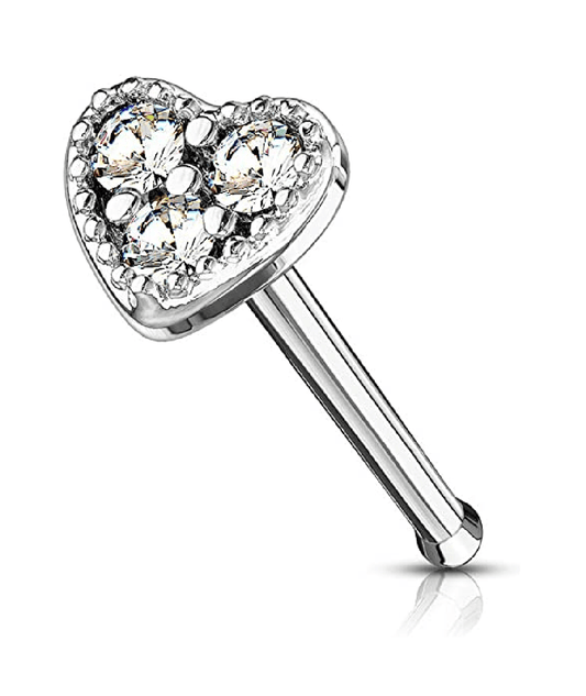 Surgical Steel CZ Heart Top Nose Bone Stud Rings Nose Ring Impulse Piercings Clear