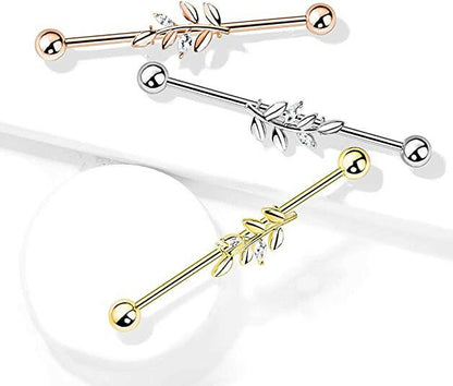 Surgical Steel CZ Leaf Industrial Barbell Industrial Barbell Impulse Piercings