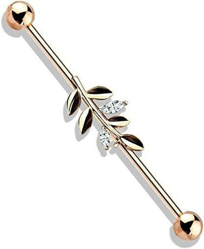 Surgical Steel CZ Leaf Industrial Barbell Industrial Barbell Impulse Piercings Rose Gold