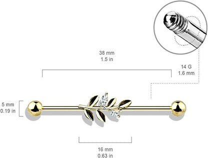 Surgical Steel CZ Leaf Industrial Barbell Industrial Barbell Impulse Piercings