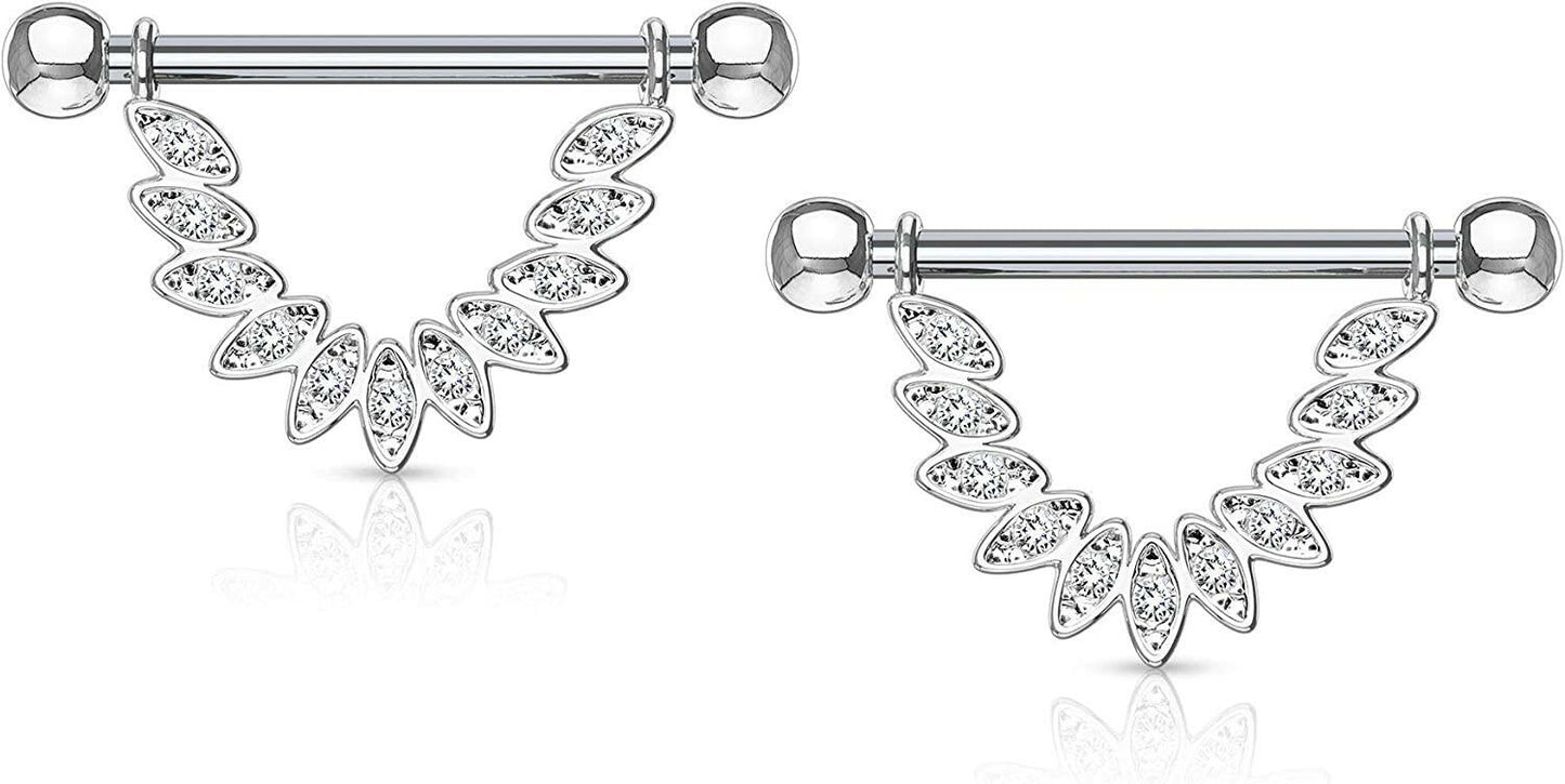 Surgical Steel CZ Linked Feather Dangle Nipple Shield Rings Nipple Ring Impulse Piercings Clear