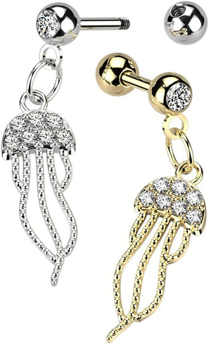 Surgical Steel CZ Pave Jellyfish Dangle Cartilage and Tragus Barbell Cartilage Impulse Piercings