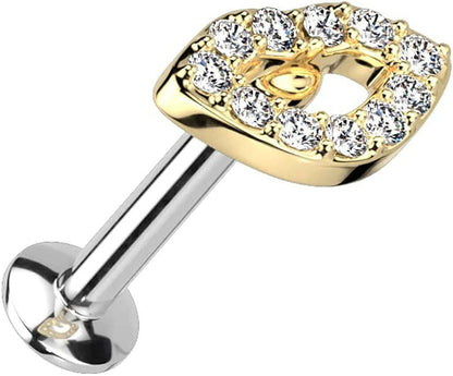 Surgical Steel CZ Pave Lip Threadless Push In Top Labret Convex Back Stud Labret Impulse Piercings 16GA Length: 6mm Gold