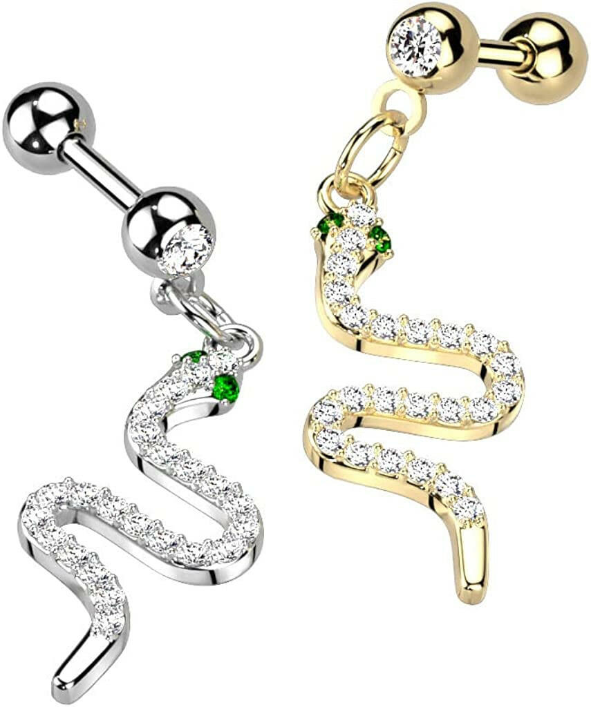 Surgical Steel CZ Pave Snake Dangle Cartilage and Tragus Barbell Cartilage Impulse Piercings