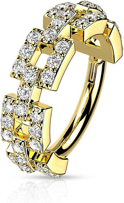 Surgical Steel CZ Pave Square Links Hinged Segment Ring Septum Ring Impulse Piercings 16GA Length: 8mm Gold