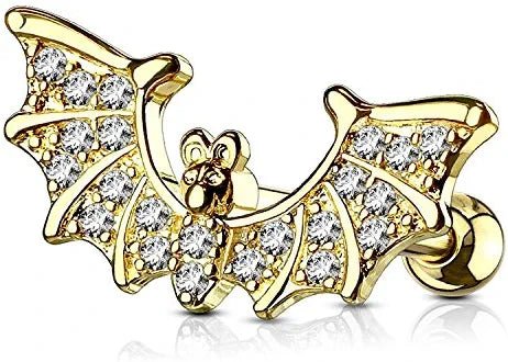 Surgical Steel CZ Paved Bat Wings Top Ear Cartilage Tragus Barbell Stud Rings Cartilage Earring Impulse Piercings Gold