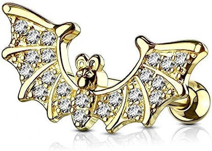 Surgical Steel CZ Paved Bat Wings Top Ear Cartilage Tragus Barbell Stud Rings Cartilage Earring Impulse Piercings Gold