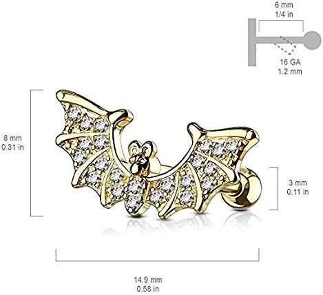 Surgical Steel CZ Paved Bat Wings Top Ear Cartilage Tragus Barbell Stud Rings Cartilage Earring Impulse Piercings