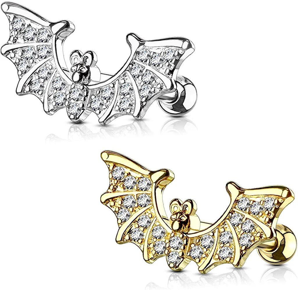 Surgical Steel CZ Paved Bat Wings Top Ear Cartilage Tragus Barbell Stud Rings Cartilage Earring Impulse Piercings