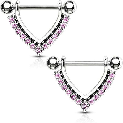 Surgical Steel CZ Paved Black Enamel Dangle Nipple Shield Rings Nipple Ring Impulse Piercings Pink