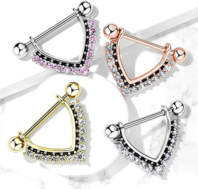 Surgical Steel CZ Paved Black Enamel Dangle Nipple Shield Rings Nipple Ring Impulse Piercings