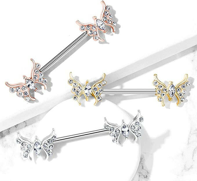 Surgical Steel CZ Paved Butterfly with Marquise CZ Center Nipple Barbell Rings Nipple Ring Impulse Piercings