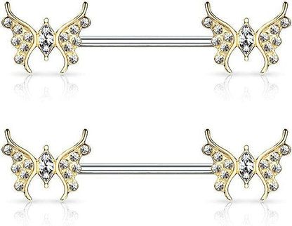 Surgical Steel CZ Paved Butterfly with Marquise CZ Center Nipple Barbell Rings Nipple Ring Impulse Piercings Gold