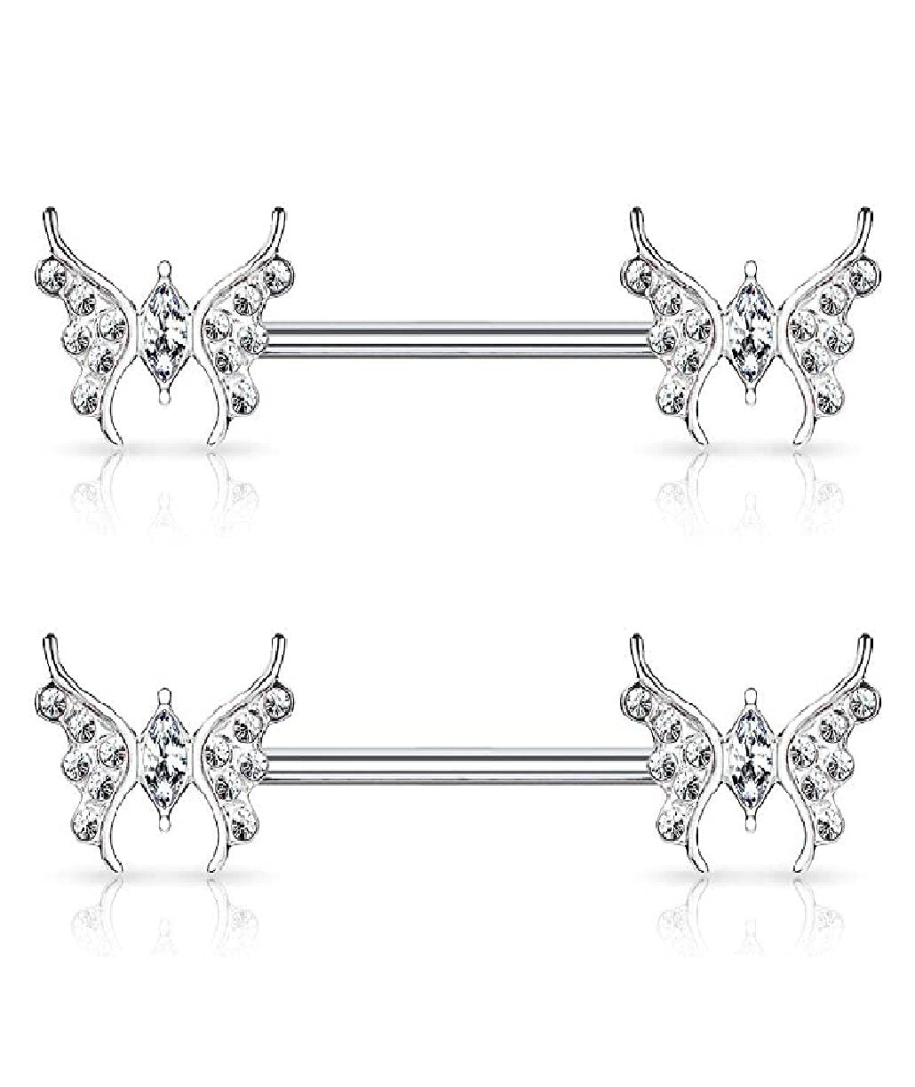 Surgical Steel CZ Paved Butterfly with Marquise CZ Center Nipple Barbell Rings Nipple Ring Impulse Piercings Clear