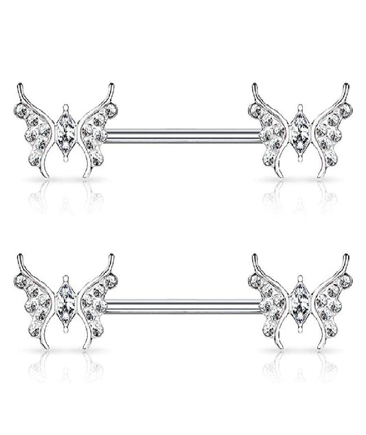 Surgical Steel CZ Paved Butterfly with Marquise CZ Center Nipple Barbell Rings Nipple Ring Impulse Piercings Clear