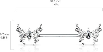 Surgical Steel CZ Paved Butterfly with Marquise CZ Center Nipple Barbell Rings Nipple Ring Impulse Piercings