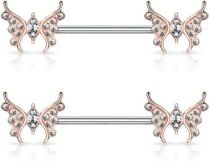 Surgical Steel CZ Paved Butterfly with Marquise CZ Center Nipple Barbell Rings Nipple Ring Impulse Piercings Rose Gold