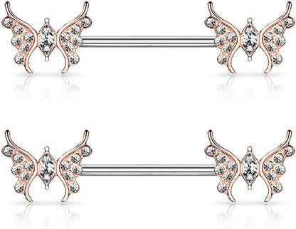 Surgical Steel CZ Paved Butterfly with Marquise CZ Center Nipple Barbell Rings Nipple Ring Impulse Piercings Rose Gold