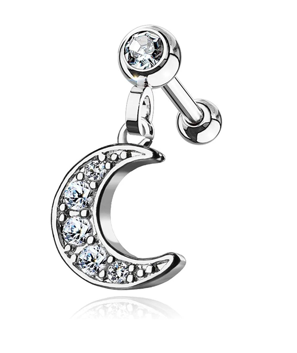 Surgical Steel CZ Paved Crescent Dangle Jeweled Ball Ear Cartilage Tragus Barbell Stud Cartilage Earring Impulse Piercings Clear