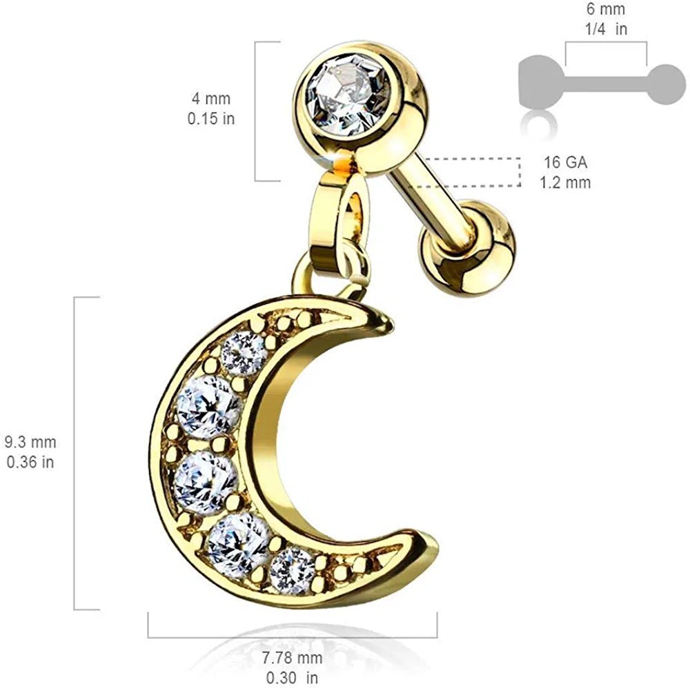 Surgical Steel CZ Paved Crescent Dangle Jeweled Ball Ear Cartilage Tragus Barbell Stud Cartilage Earring Impulse Piercings