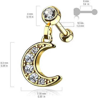 Surgical Steel CZ Paved Crescent Dangle Jeweled Ball Ear Cartilage Tragus Barbell Stud Cartilage Earring Impulse Piercings