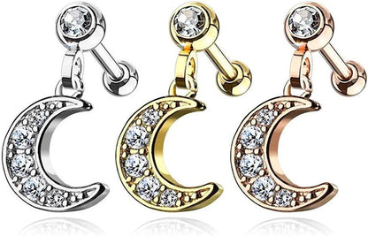 Surgical Steel CZ Paved Crescent Dangle Jeweled Ball Ear Cartilage Tragus Barbell Stud Cartilage Earring Impulse Piercings