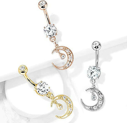 Surgical Steel CZ Paved Crescent Dangle Round CZ Belly Navel Ring Navel Ring Impulse Piercings