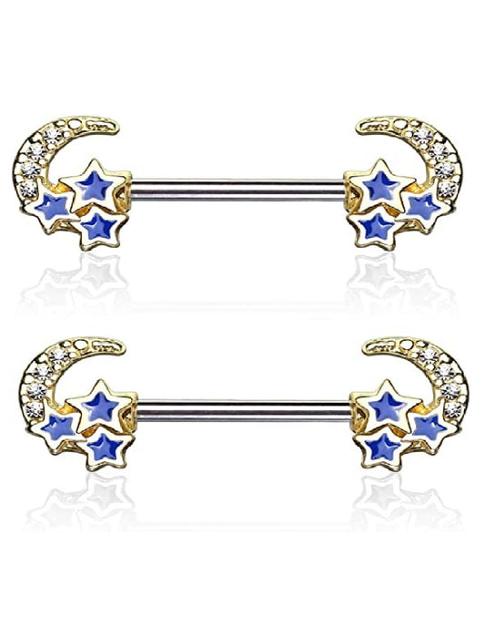 Surgical Steel CZ Paved Crescent Moon with 3 Blue Stars Nipple Barbell Rings Nipple Ring Impulse Piercings Gold