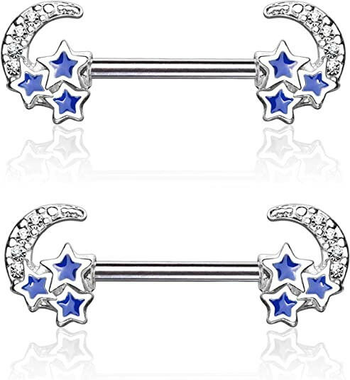 Surgical Steel CZ Paved Crescent Moon with 3 Blue Stars Nipple Barbell Rings Nipple Ring Impulse Piercings Steel