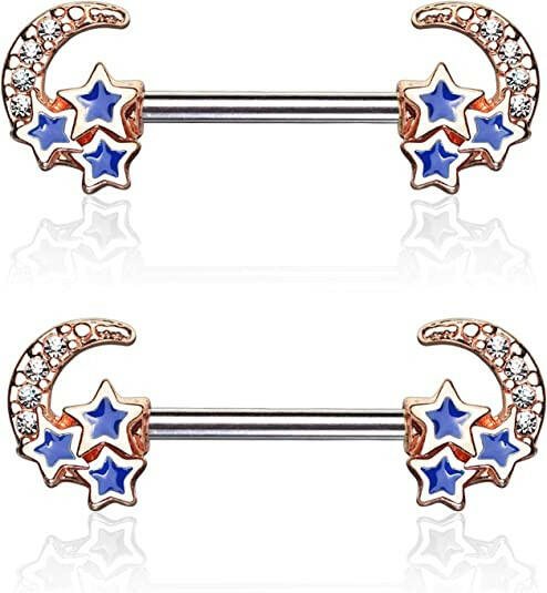 Surgical Steel CZ Paved Crescent Moon with 3 Blue Stars Nipple Barbell Rings Nipple Ring Impulse Piercings Rose Gold