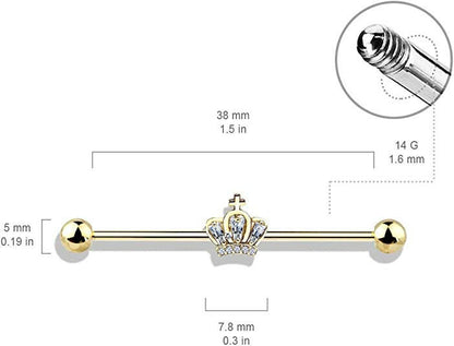 Surgical Steel CZ Paved Crown Industrial Barbell Industrial Barbell Impulse Piercings