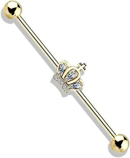 Surgical Steel CZ Paved Crown Industrial Barbell Industrial Barbell Impulse Piercings Gold