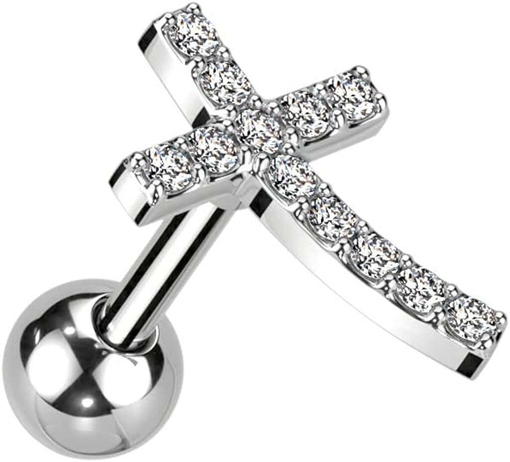 Surgical Steel CZ Paved Curved Cross Top Cartilage Barbells Cartilage Impulse Piercings Clear