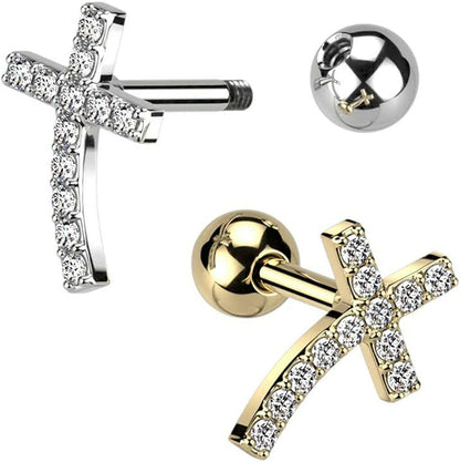 Surgical Steel CZ Paved Curved Cross Top Cartilage Barbells Cartilage Impulse Piercings