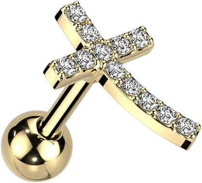 Surgical Steel CZ Paved Curved Cross Top Cartilage Barbells Cartilage Impulse Piercings Gold