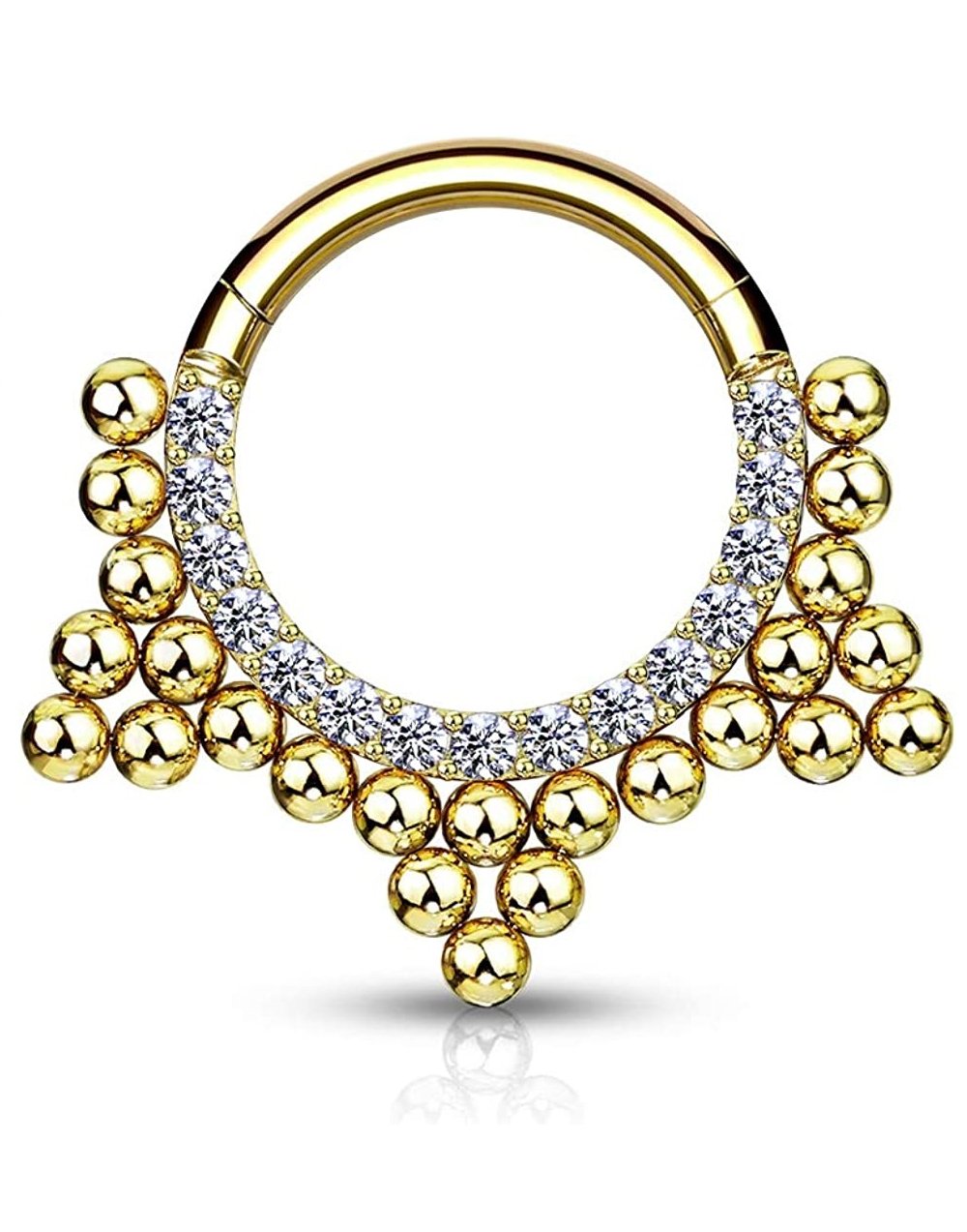 Surgical Steel CZ Paved Front with Ball Cluster Hinged Segment Hoop Ring Nose Ring, cartilage ring Impulse Piercings Gold