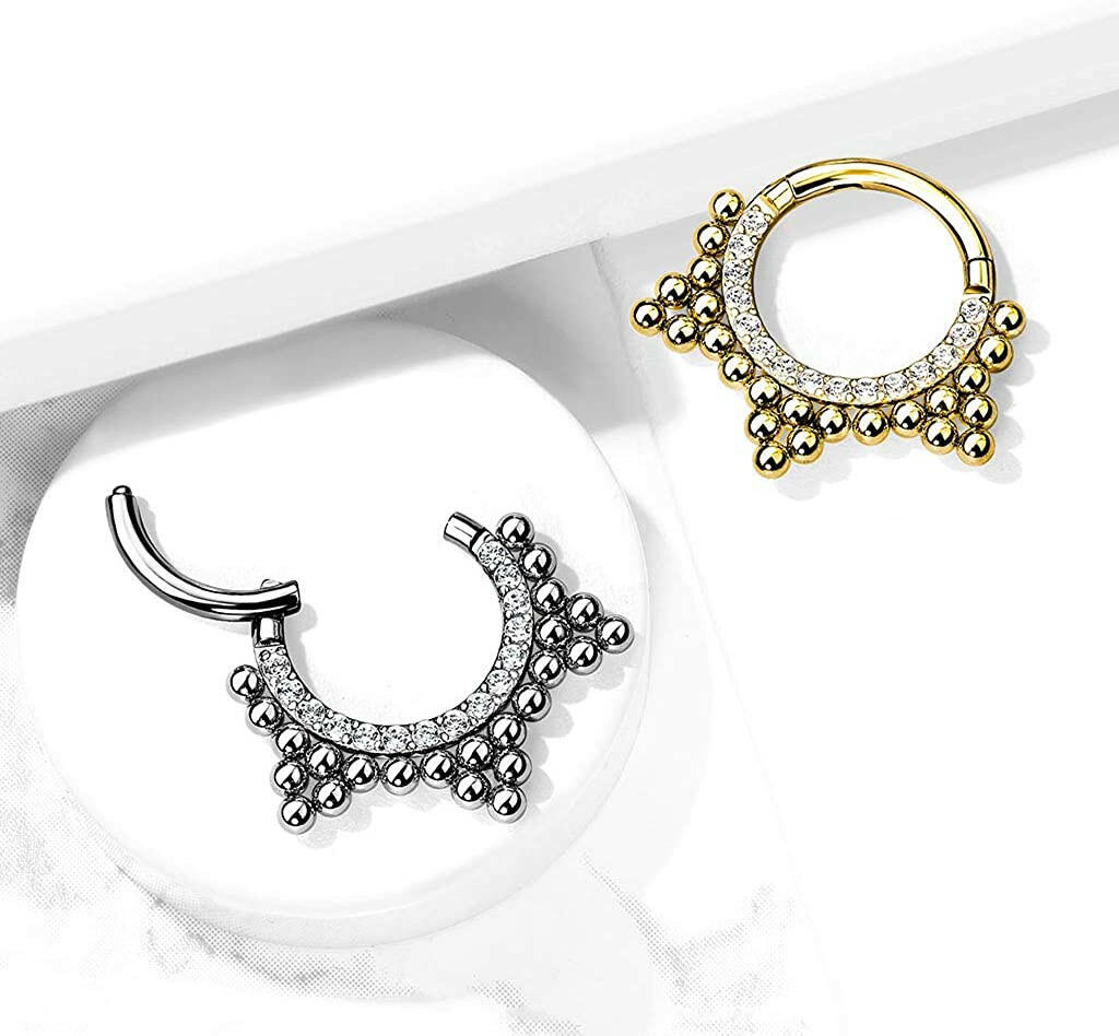 Surgical Steel CZ Paved Front with Ball Cluster Hinged Segment Hoop Ring Nose Ring, cartilage ring Impulse Piercings