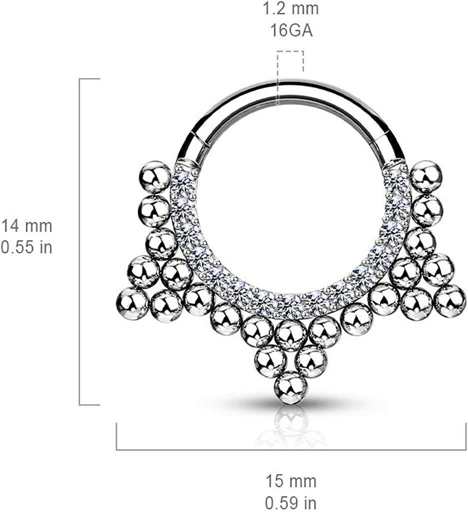 Surgical Steel CZ Paved Front with Ball Cluster Hinged Segment Hoop Ring Nose Ring, cartilage ring Impulse Piercings