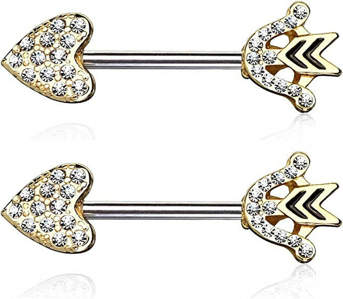 Surgical Steel CZ Paved Heart Arrow And Bow End Nipple Barbell Rings Nipple Ring Impulse Piercings Gold