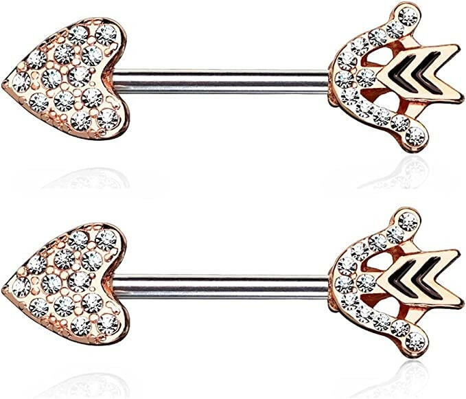 Surgical Steel CZ Paved Heart Arrow And Bow End Nipple Barbell Rings Nipple Ring Impulse Piercings Rose Gold