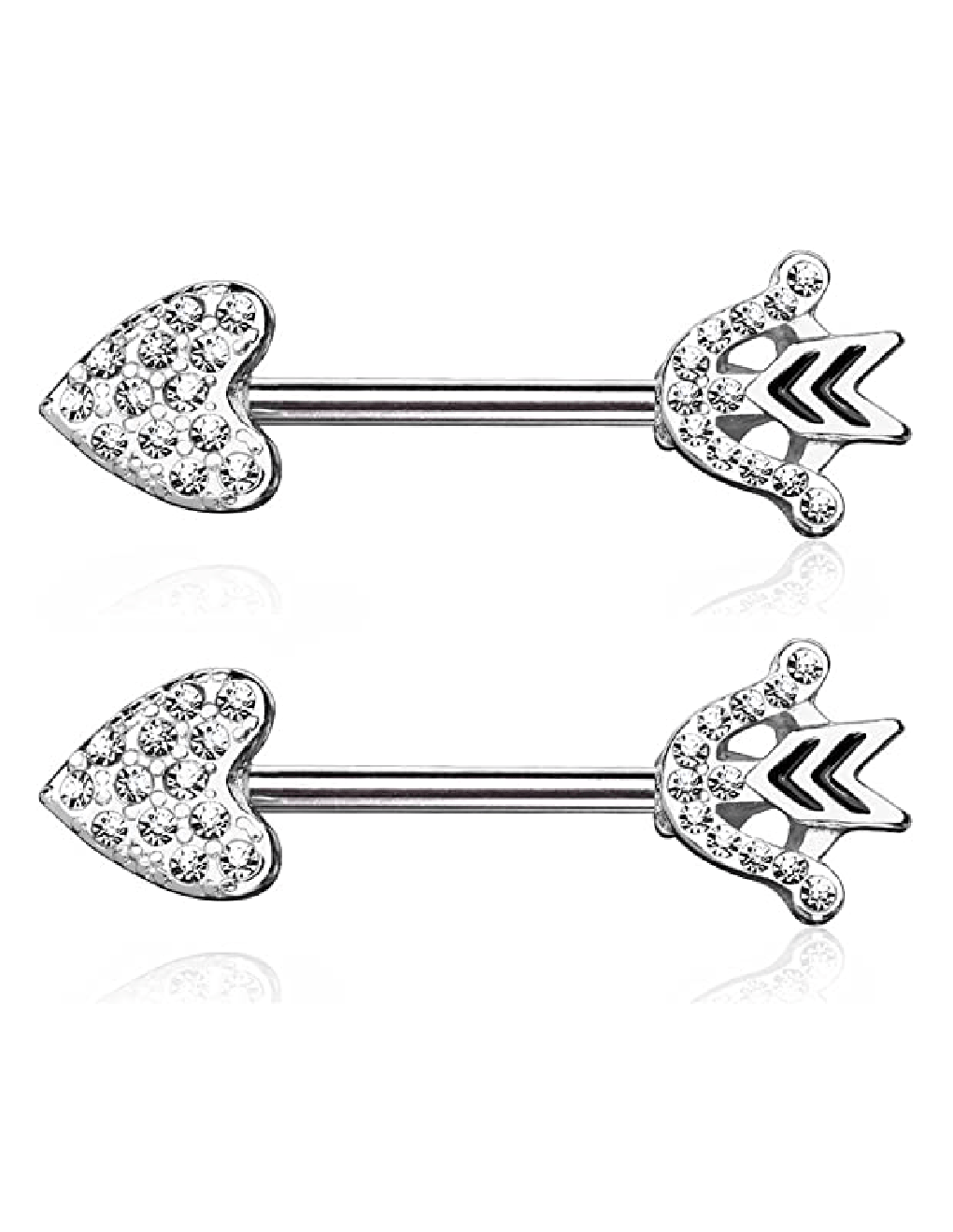 Surgical Steel CZ Paved Heart Arrow And Bow End Nipple Barbell Rings Nipple Ring Impulse Piercings Clear