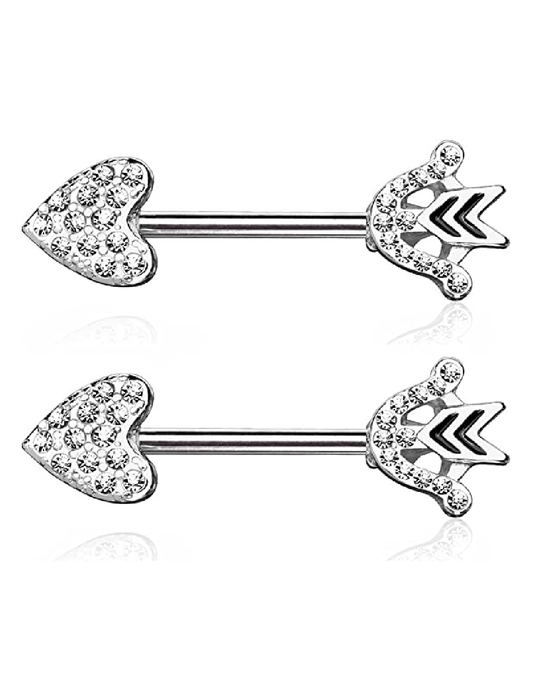 Surgical Steel CZ Paved Heart Arrow And Bow End Nipple Barbell Rings Nipple Ring Impulse Piercings Clear